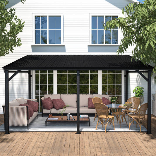 VEIKOUS 14' x 10' Outdoor Hardtop Gazebo, Patio Lean-to Pergola W/Heavy Duty Galvanized Metal Roof, Black