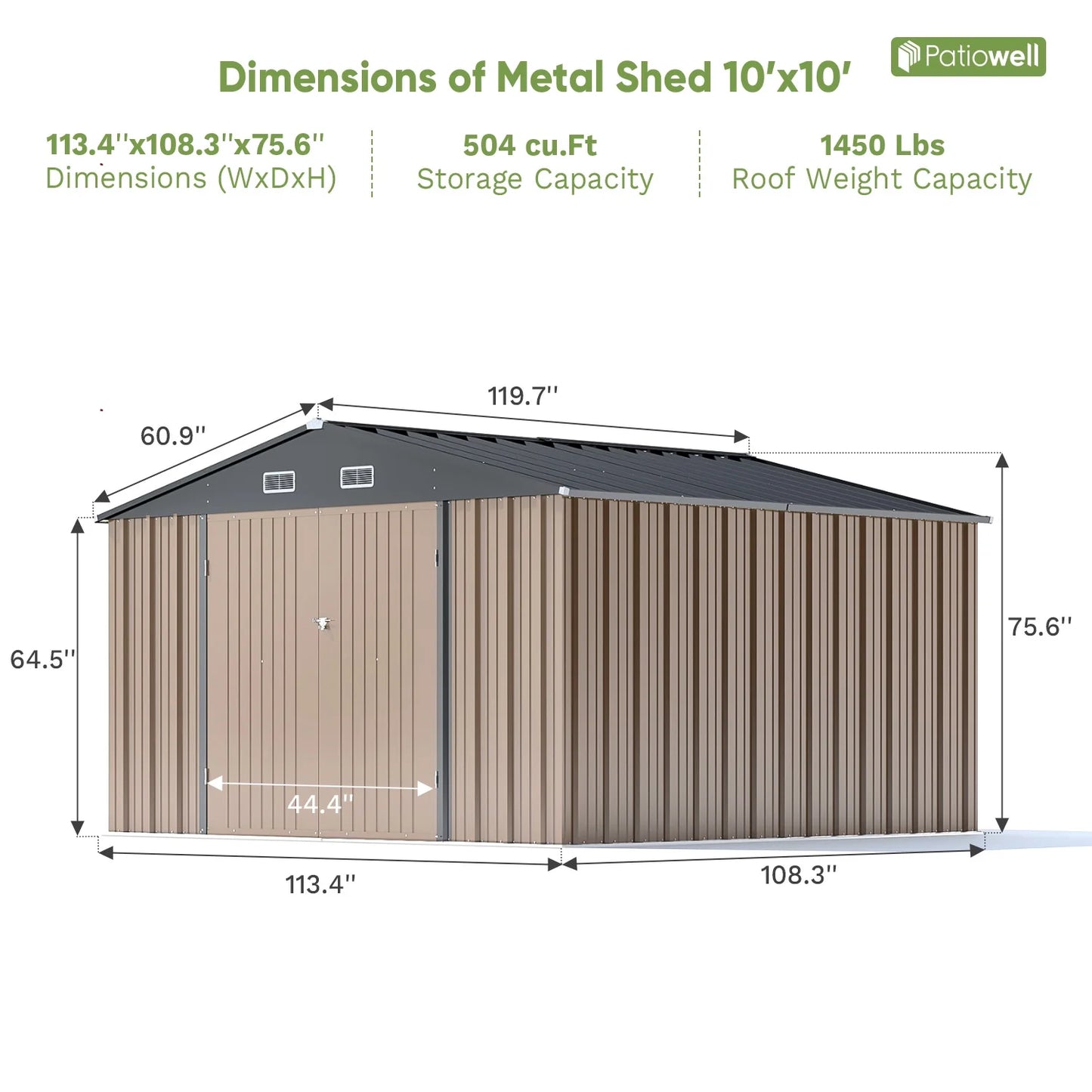 Patiowell 10 x 10 ft Outdoor Storage Metal Shed with Sloping Roof and Double Lockable Door, Brown