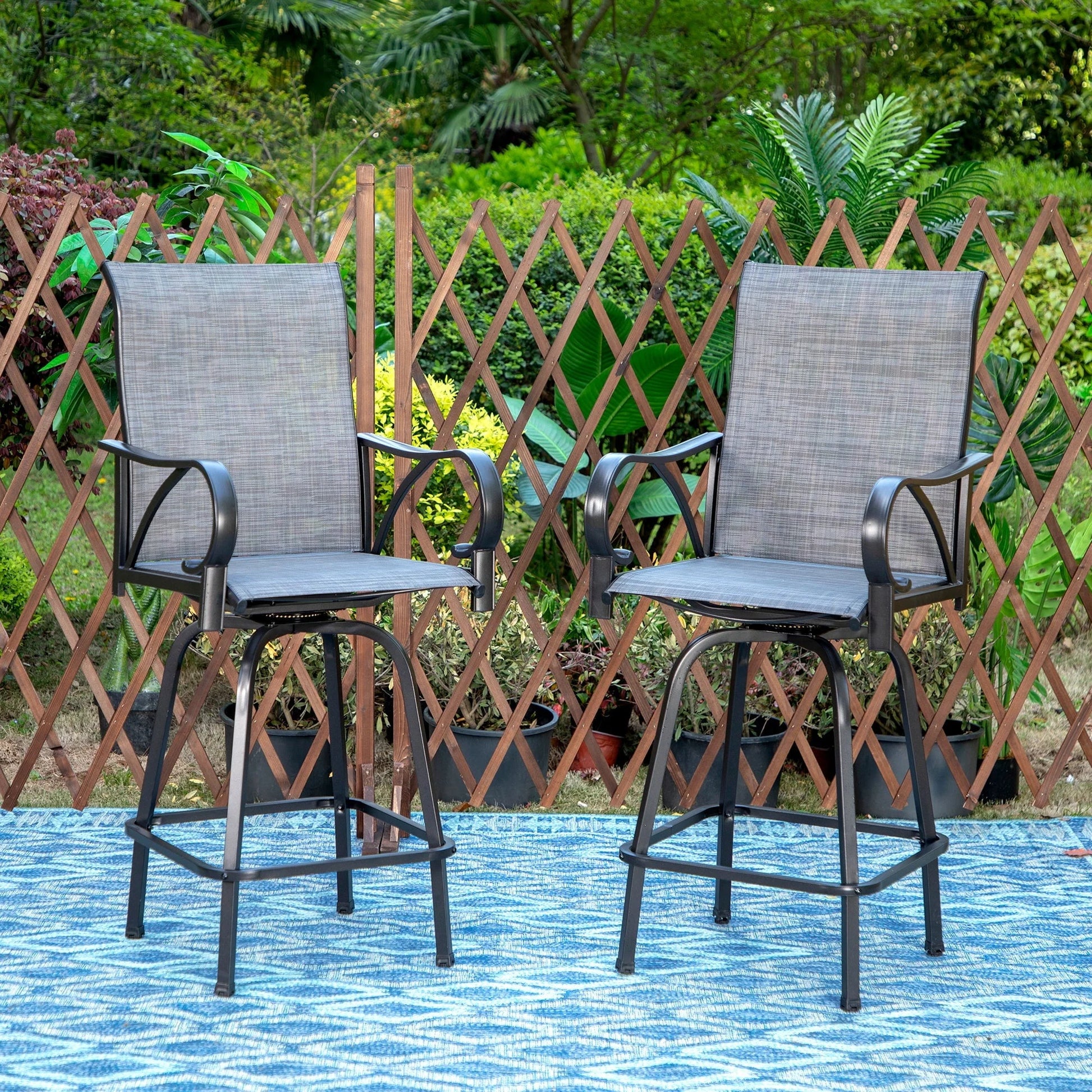 Summit Living Outdoor Swivel Bar Stool Dining Set of 7, Patio Counter Height Textilene Chairs with High Back and Armrest, Black & Grey