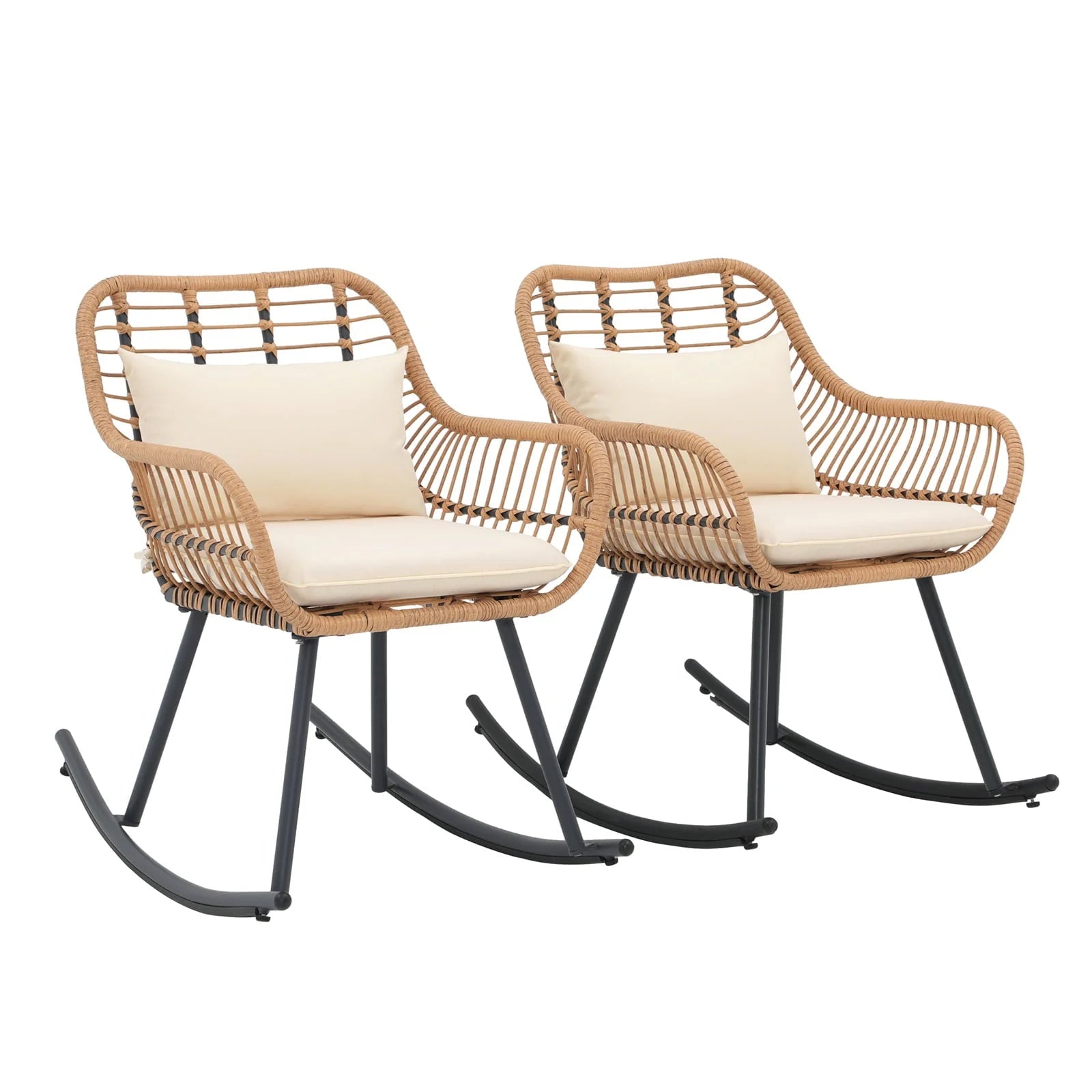 JOIVI Patio Wicker Rocking Chairs Set of 2, Outdoor Rattan Rocking Chairs with Pillows and Cushions, Front Porch Rocker with Iron Frame for Outside Lawn Garden Indoor Balcony, White