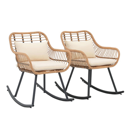JOIVI Patio Wicker Rocking Chairs Set of 2, Outdoor Rattan Rocking Chairs with Pillows and Cushions, Front Porch Rocker with Iron Frame for Outside Lawn Garden Indoor Balcony, White