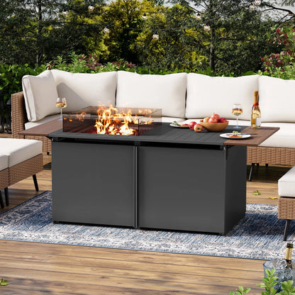 LAUSAINT HOME 43" Outdoor Fire Pit Table , 55,000 BTU Patio Propane Fire Pit with Wood Grain Tabletop & Wind Guard, Black