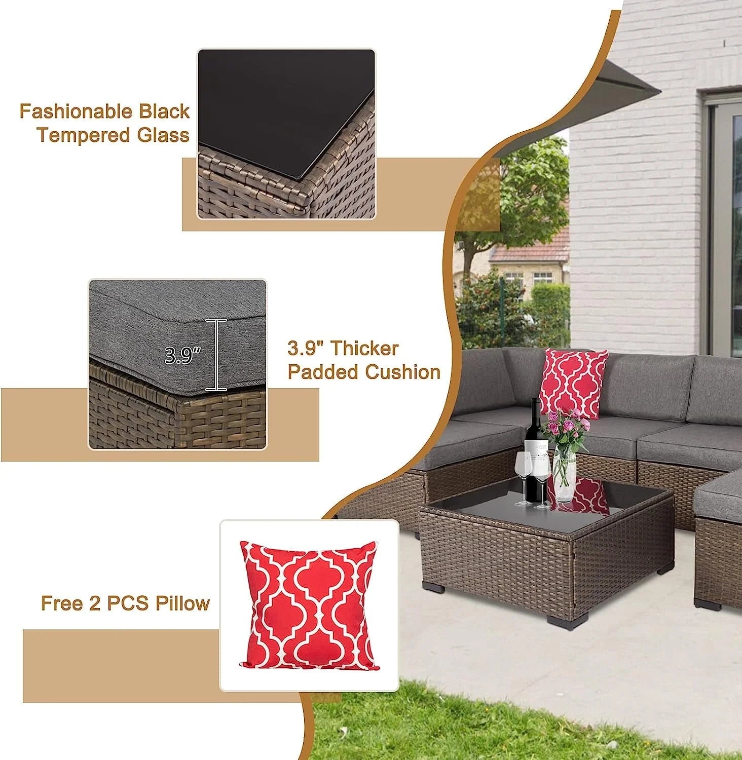 Kinbor 7pcs Patio Rattan Wicker Rattan Outdoor Sectional Sofa Set with Gray Cushions