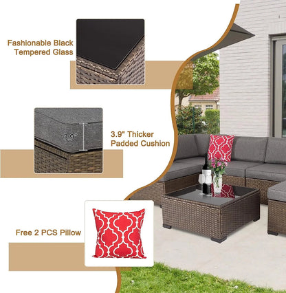 Kinbor 7pcs Patio Rattan Wicker Rattan Outdoor Sectional Sofa Set with Gray Cushions