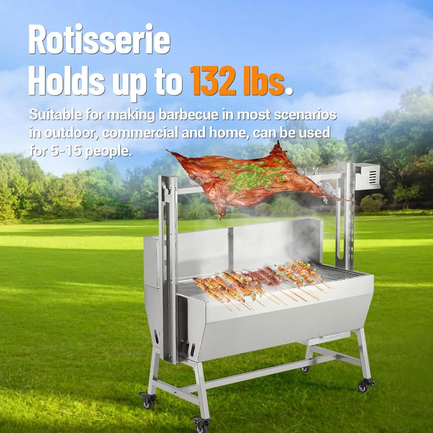 Huloretions 37"Grill Rotisserie Kit,Stainless Steel Electric Rotisserie 52W Rotatable Motor BBQ Rotisserie Kit,132LBS Capacity Pig Roaster Spit Rotisserie,Swivel BBQ Roasting Machine for Outdoor Patio