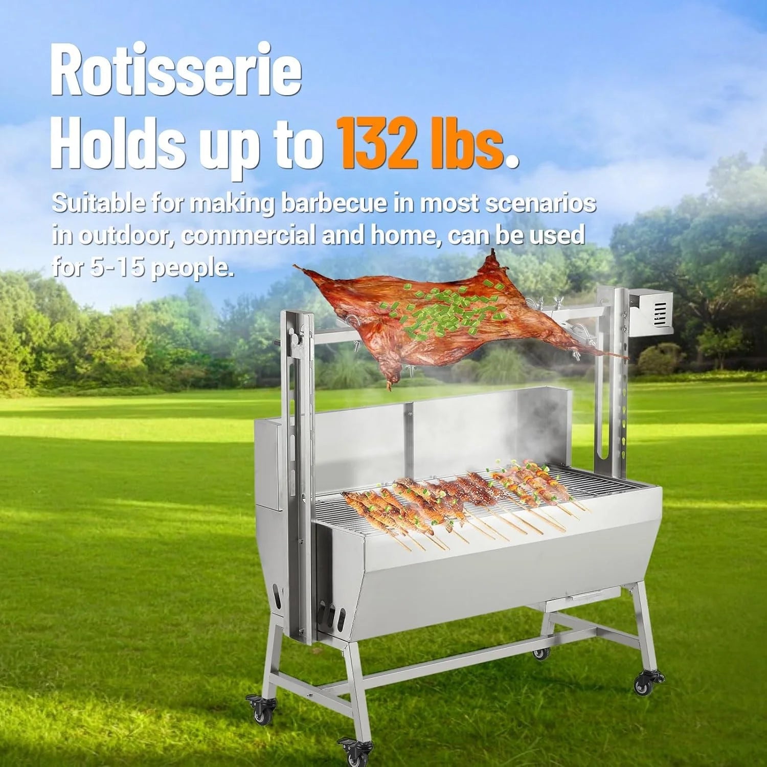 Huloretions 37"Grill Rotisserie Kit,Stainless Steel Electric Rotisserie 52W Rotatable Motor BBQ Rotisserie Kit,132LBS Capacity Pig Roaster Spit Rotisserie,Swivel BBQ Roasting Machine for Outdoor Patio