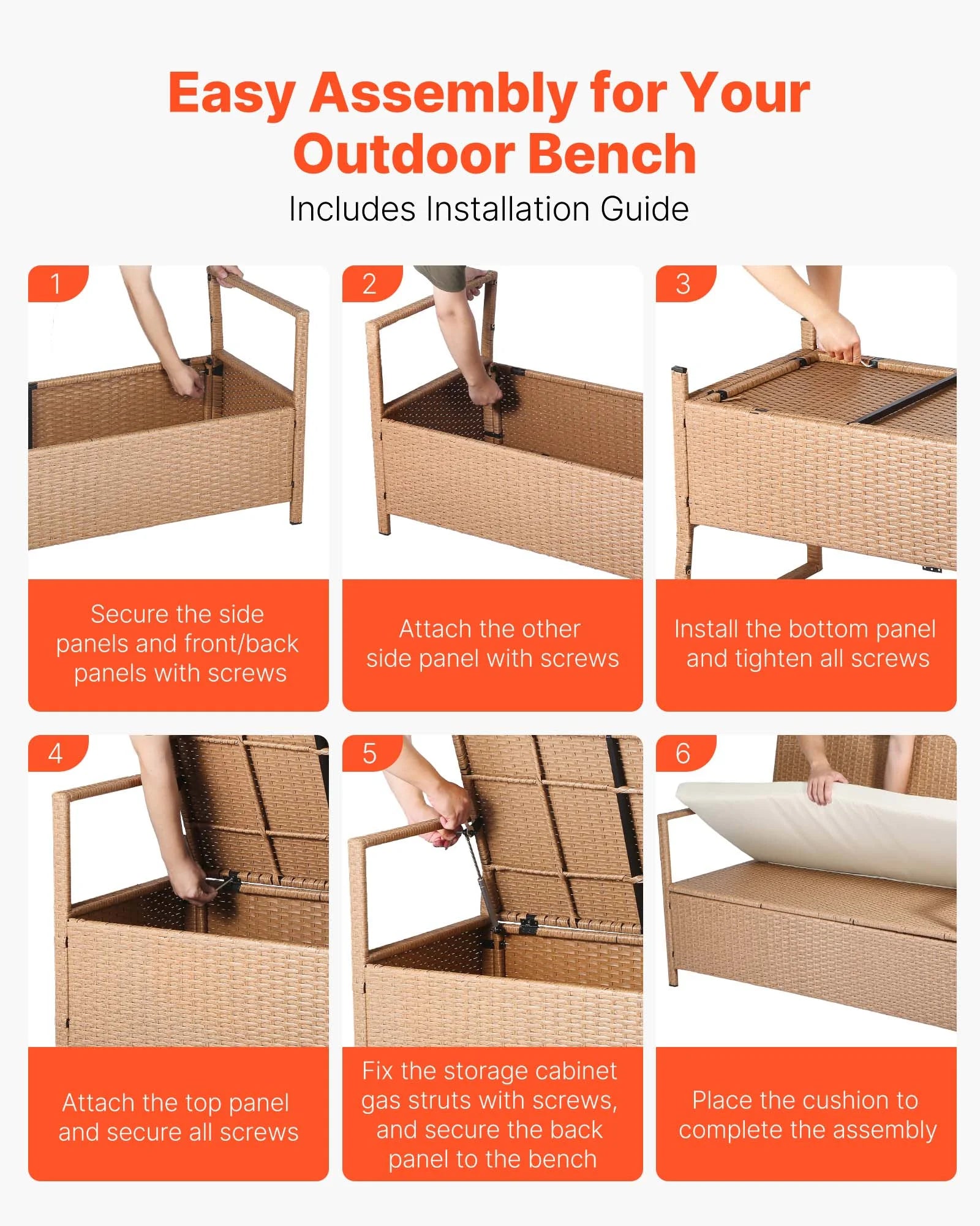 VEVOR Outdoor Storage Bench, 2-Person PE Rattan Storage Bench, 70 Gal Deck Box with Cushion, Supports up to 265 lbs, Weatherproof Outdoor Seating & Porch Decor for Patio Garden Balcony Yard