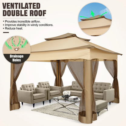 COBIZI 11x11 Pop up Gazebo Outdoor Canopy Gazebo Patio Gazebo with Mosquito Netting Canopy Shelter with 121 Square feet of Shade for Poolside, Garden, Party and Backyard, Khaki