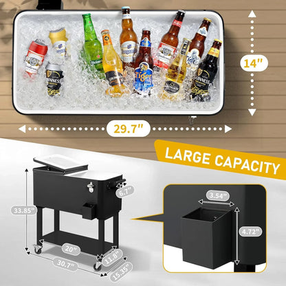 Large 80 Quart Portable Rolling Cooler with Lockable Lid, Features Catch Basin, Utility Tray, and Bottle Opener for Patio, Parties, Boating, and Vacation