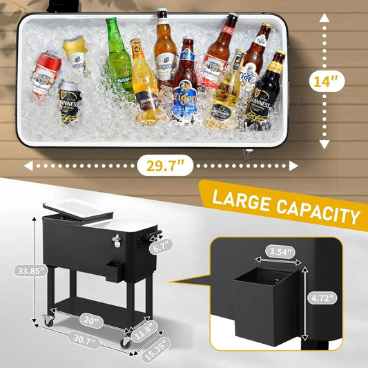 Large 80 Quart Portable Rolling Cooler with Lockable Lid, Features Catch Basin, Utility Tray, and Bottle Opener for Patio, Parties, Boating, and Vacation
