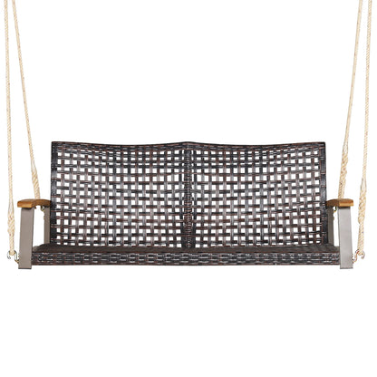 Costway 2-Person Patio Rattan Hanging Swing Chair Porch Loveseat Cushion Black