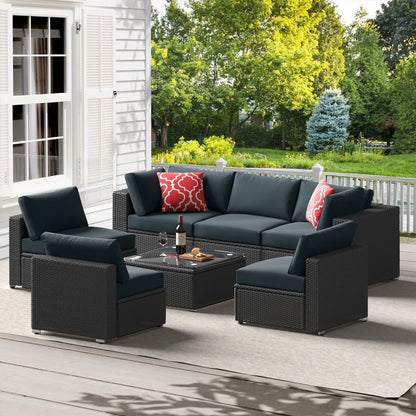 HighSound 7 Piece Patio Furniture Set, Outdoor Wicker Patio Sectional Sofa, All Weather PE Rattan Outdoor Sectional with Cushion & Coffee Table, Khaki