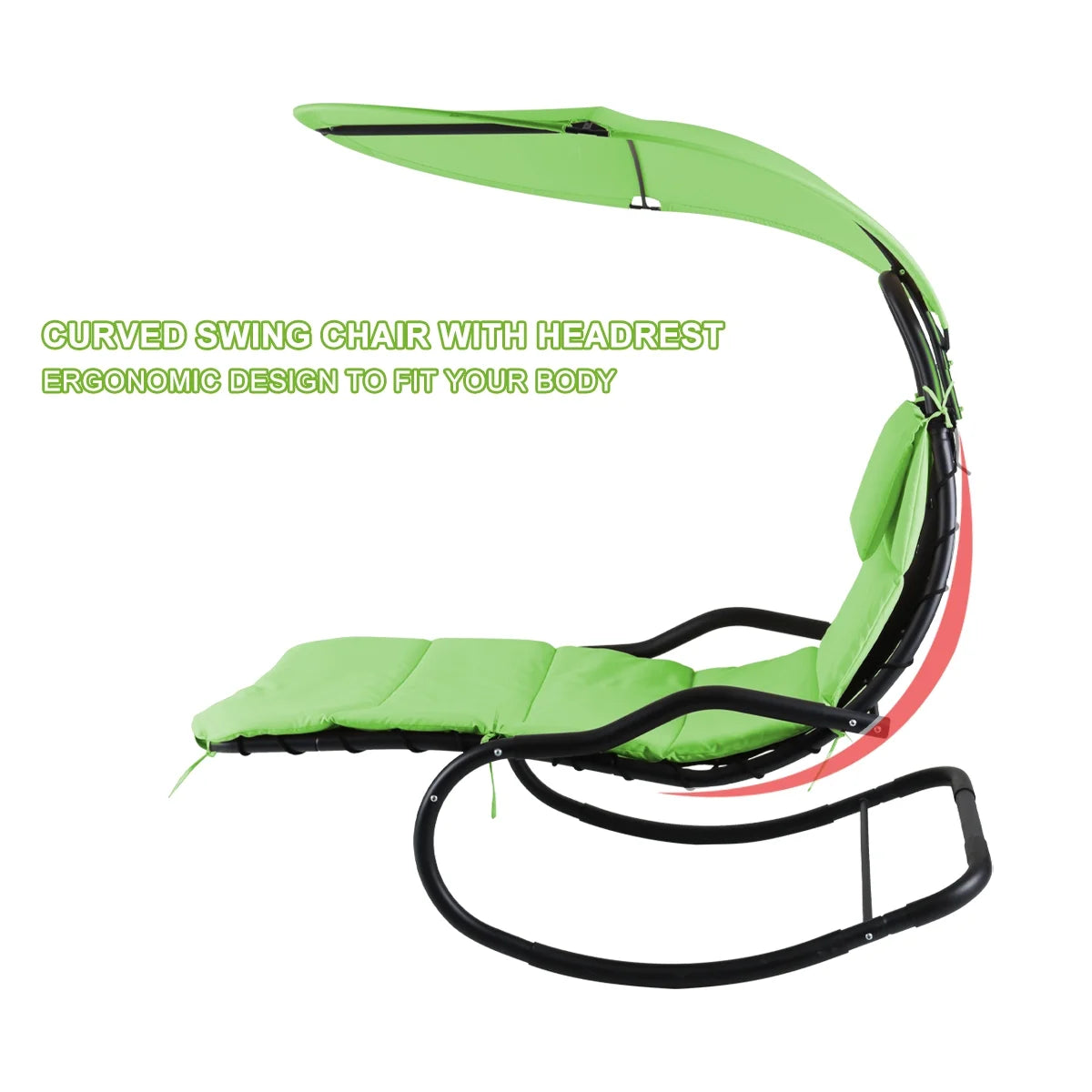 2X Rocking Hanging Lounge Chair - Curved Chaise Rocking Lounge Chair Swing For Backyard Patio w/Built-in Pillow Removable Canopy with stand {Green}