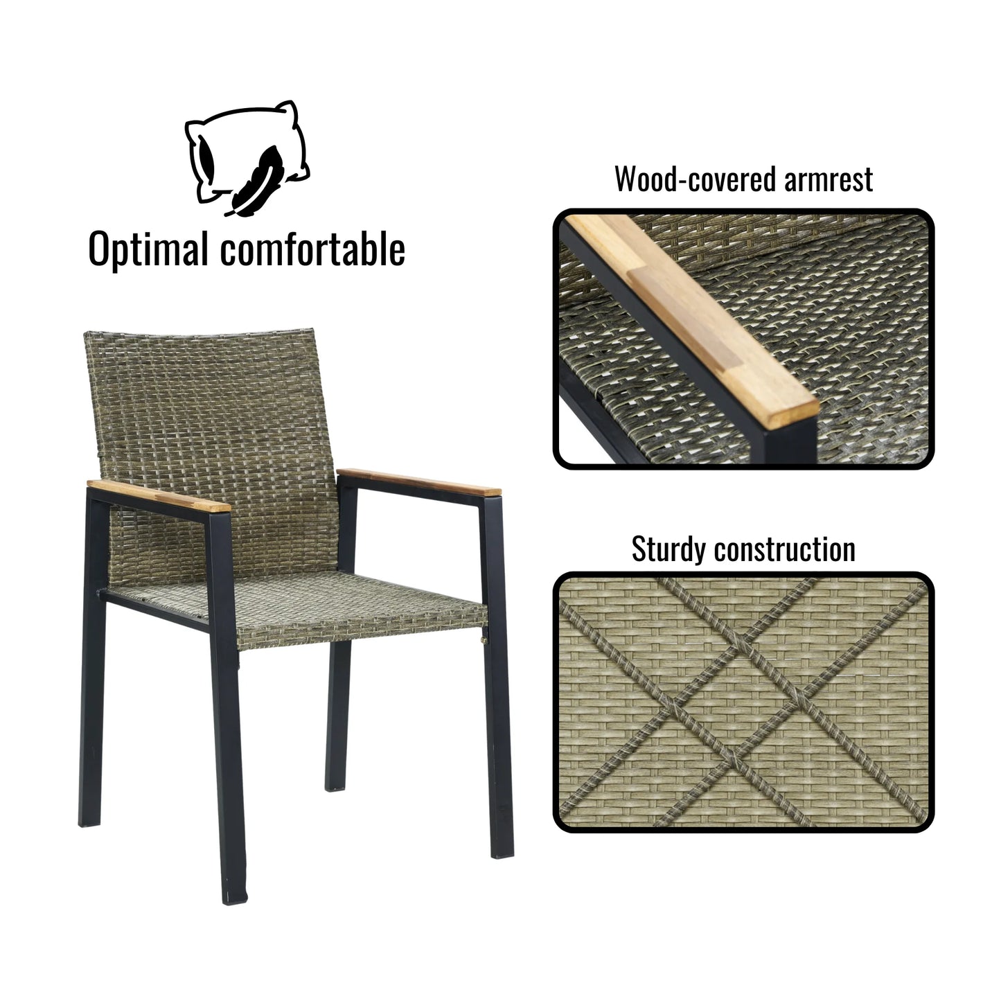 Seizeen 7-Piece Outdoor Table and Chairs, Patio Table Set with 6 Rattan Chairs, All-weather Outdoor Patio Dining Sets Rectangular Metal Table with Acacia Wood Top, Umbrella Hole, Gray