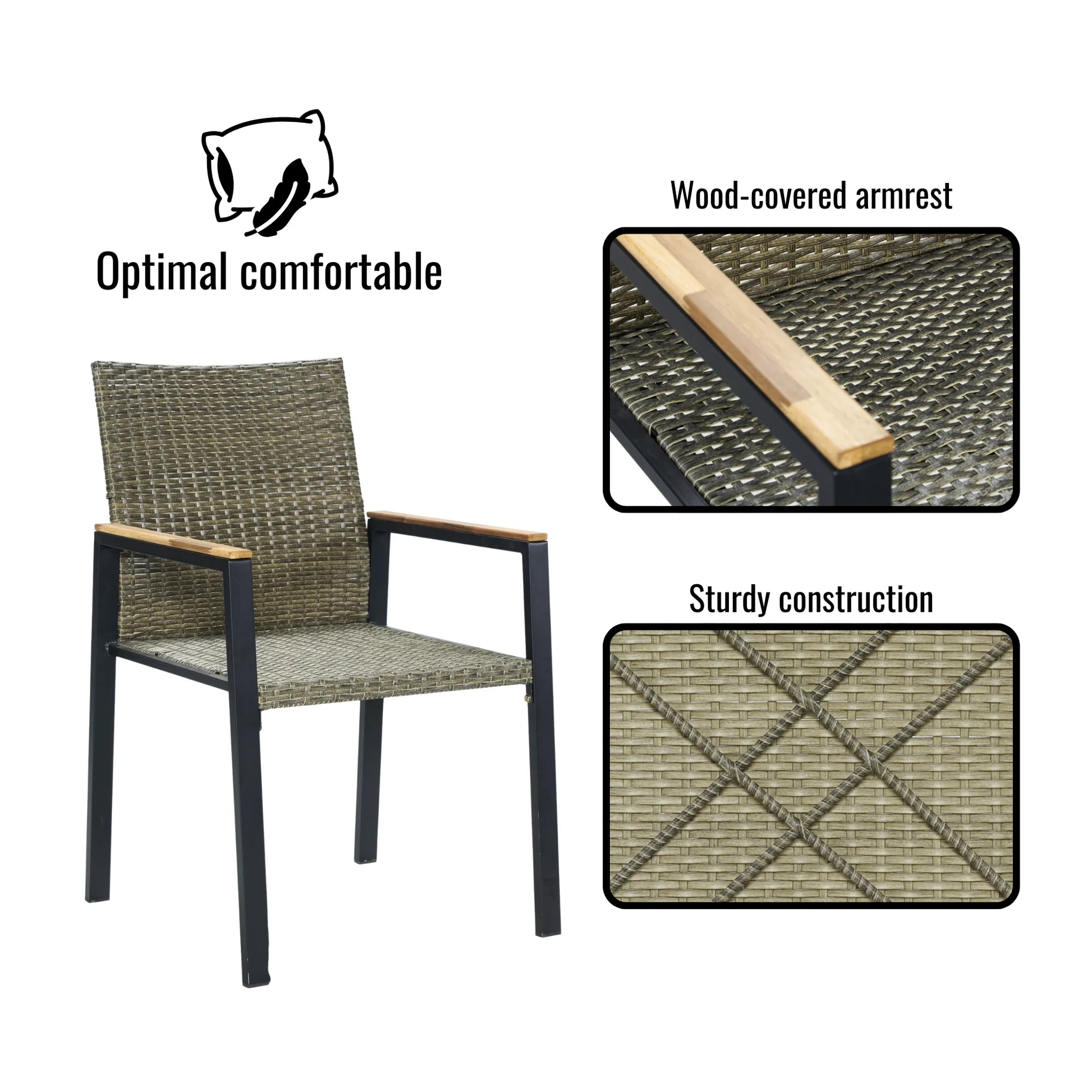 Seizeen 7-Piece Outdoor Table and Chairs, Patio Table Set with 6 Rattan Chairs, All-weather Outdoor Patio Dining Sets Rectangular Metal Table with Acacia Wood Top, Umbrella Hole, Gray