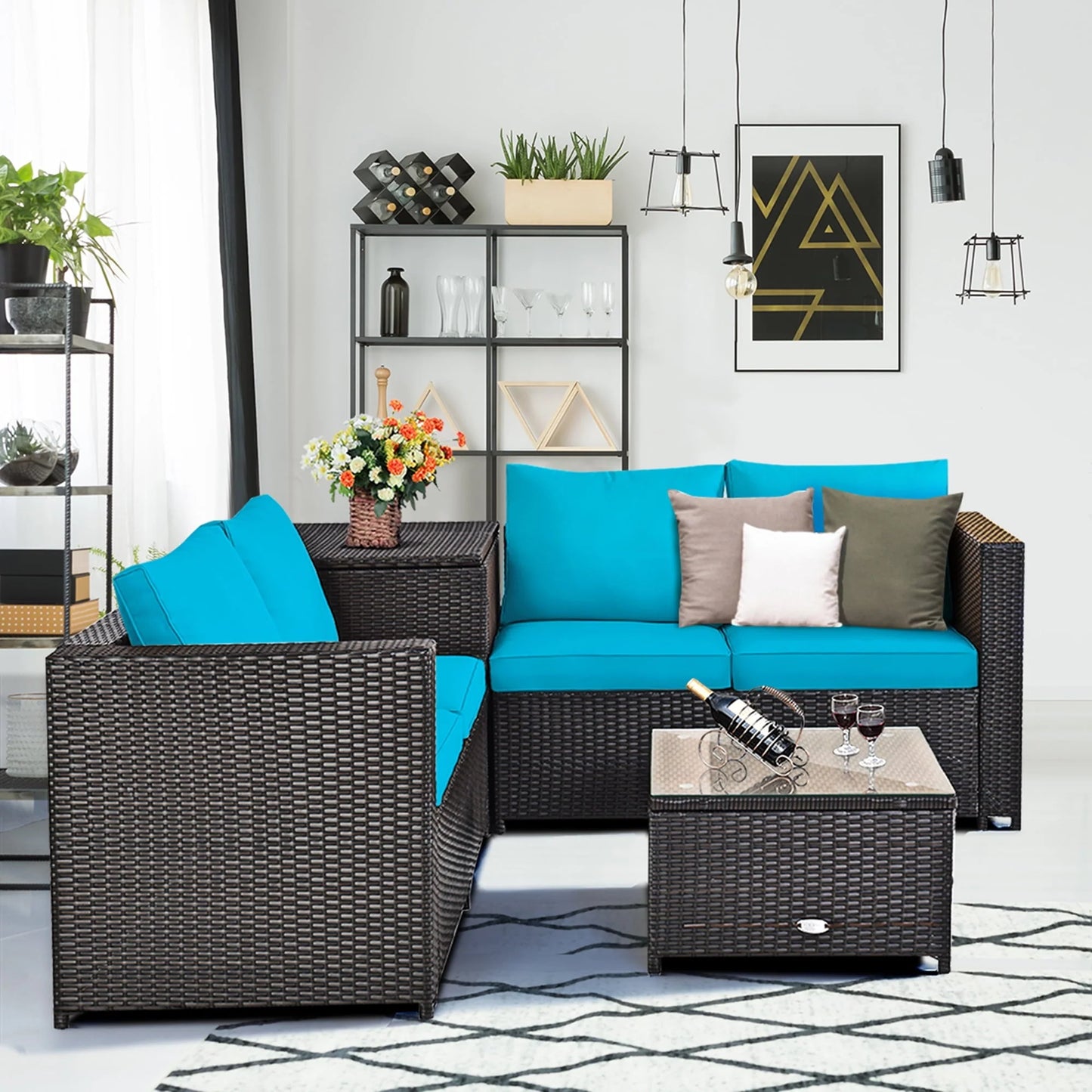 Gymax 8PCS Cushioned Rattan Patio Conversation Set w/Side Table Turquoise Cushion