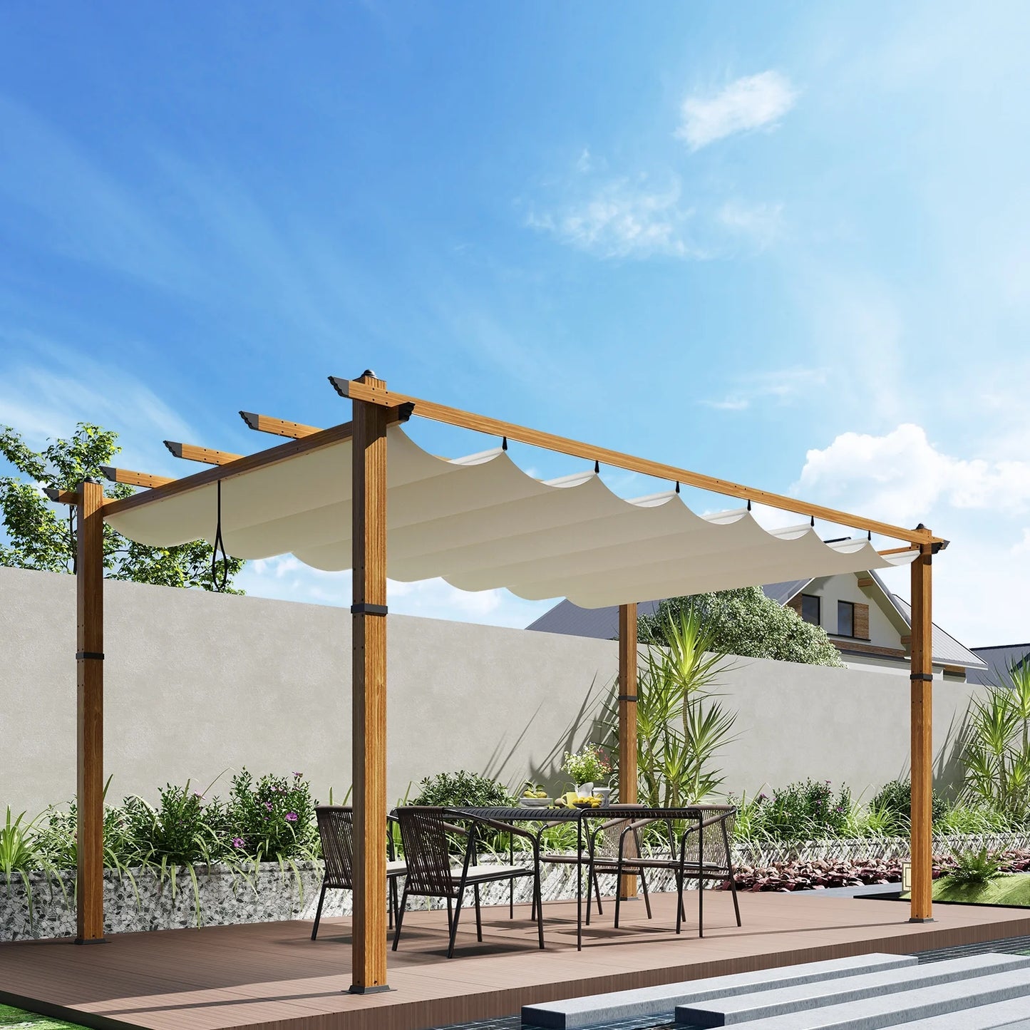 10x13 Ft Aluminum Pergola,Outdoor Metal Gazebo with Adjustable Canopy,Reinforced Frame Outdoor Shelter for Backyard,Patio Lawn and Deck - Wood grain beige