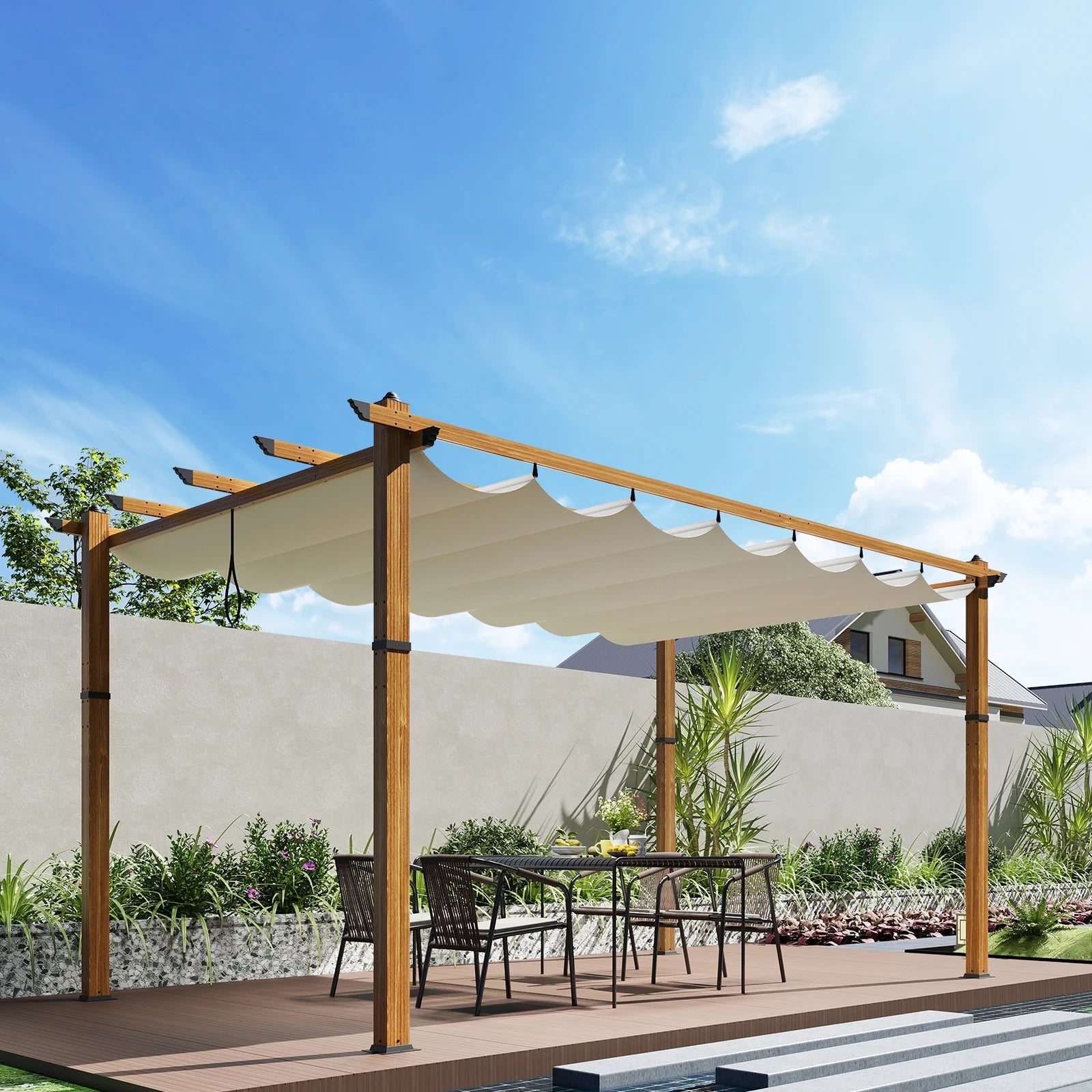 10x13 Ft Aluminum Pergola,Outdoor Metal Gazebo with Adjustable Canopy,Reinforced Frame Outdoor Shelter for Backyard,Patio Lawn and Deck - Wood grain beige