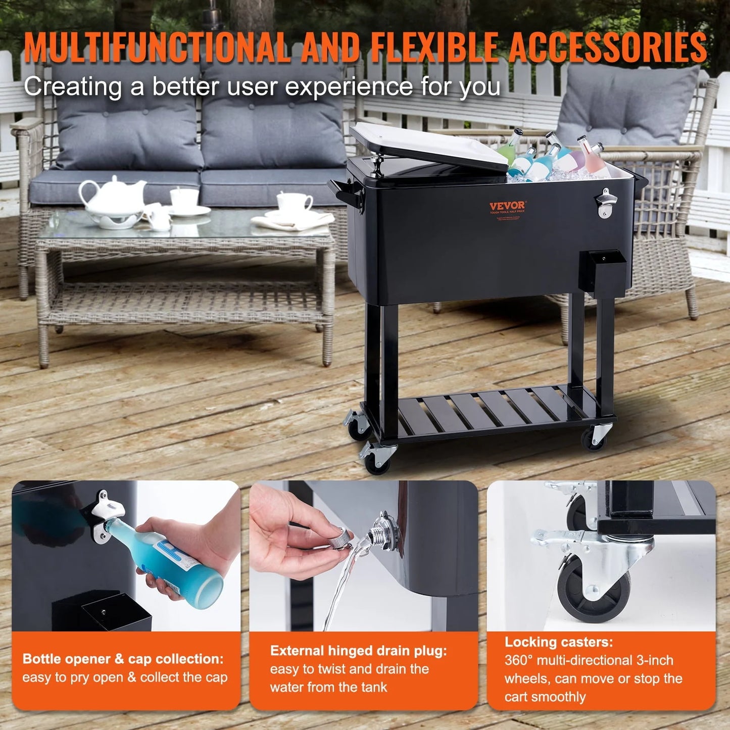 BENTISM 80Qt Rolling Cooler Cart with Bottle Opener Drainage Patio Party Bar Drink