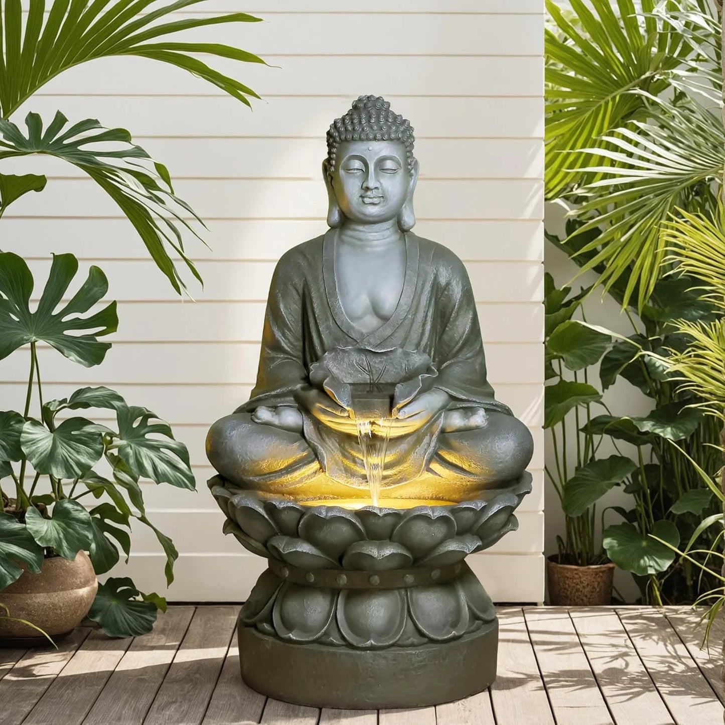 Buddha Water Fountain Outdoor Large Sitting Lotus Base Waterfall Fountains Zen Water Feature Indoor with LED Light for Garden Patio Backyard Deck Lawn Porch Balcony Home 45 inches Gold