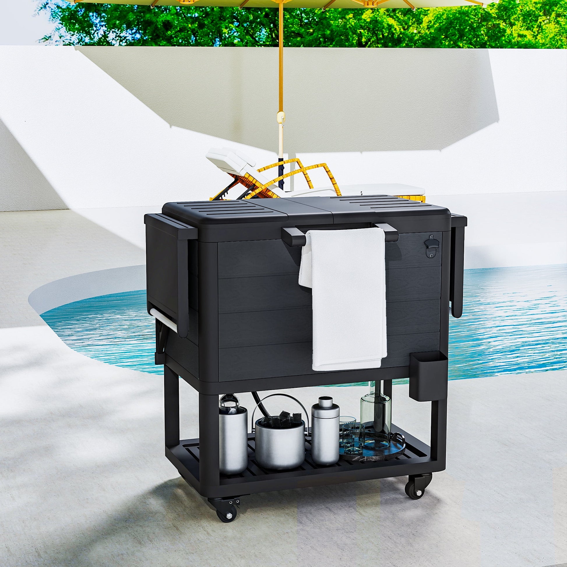 Outsunny 104 Quart Patio Cooler Cart, Outdoor Beverage Rolling Ice Chest with Bottle Opener and Shelves for Pool Deck BBQ Cookouts Party, Black