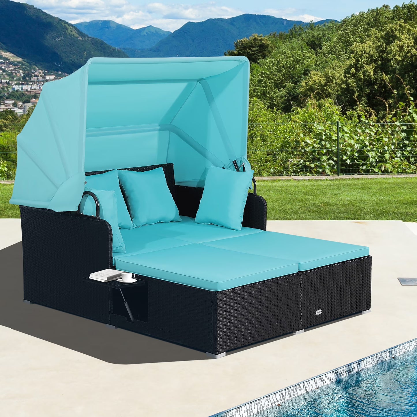Costway Patio Rattan Daybed Lounge Retractable Top Canopy Side Tables Cushions Red