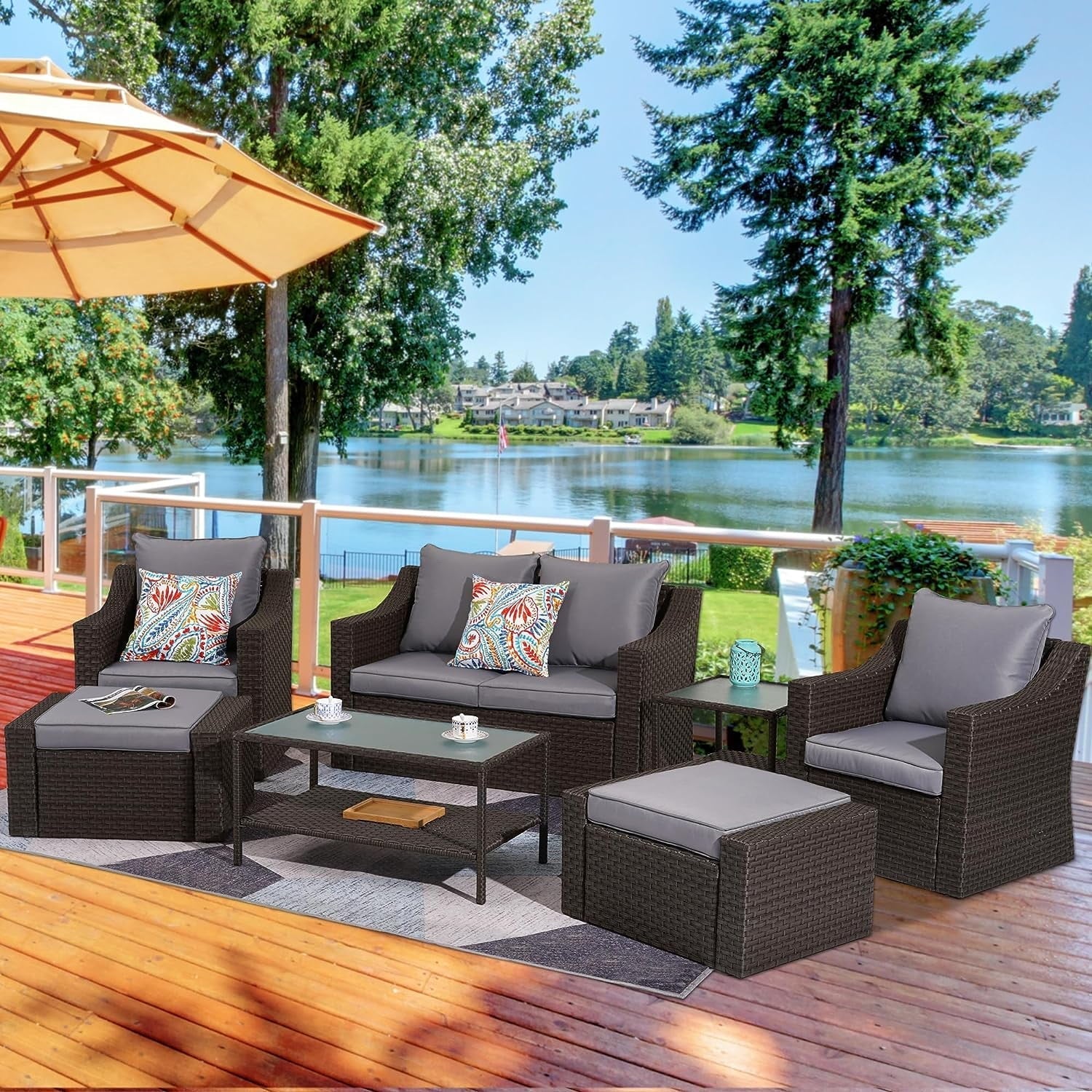 CozyHom 7 Piece Outdoor Patio Furniture Sofa Set, Outside Sectional Sofa Rattan Wicker Dining Furniture Conversation Couch Sets with Ottoamns, Blue