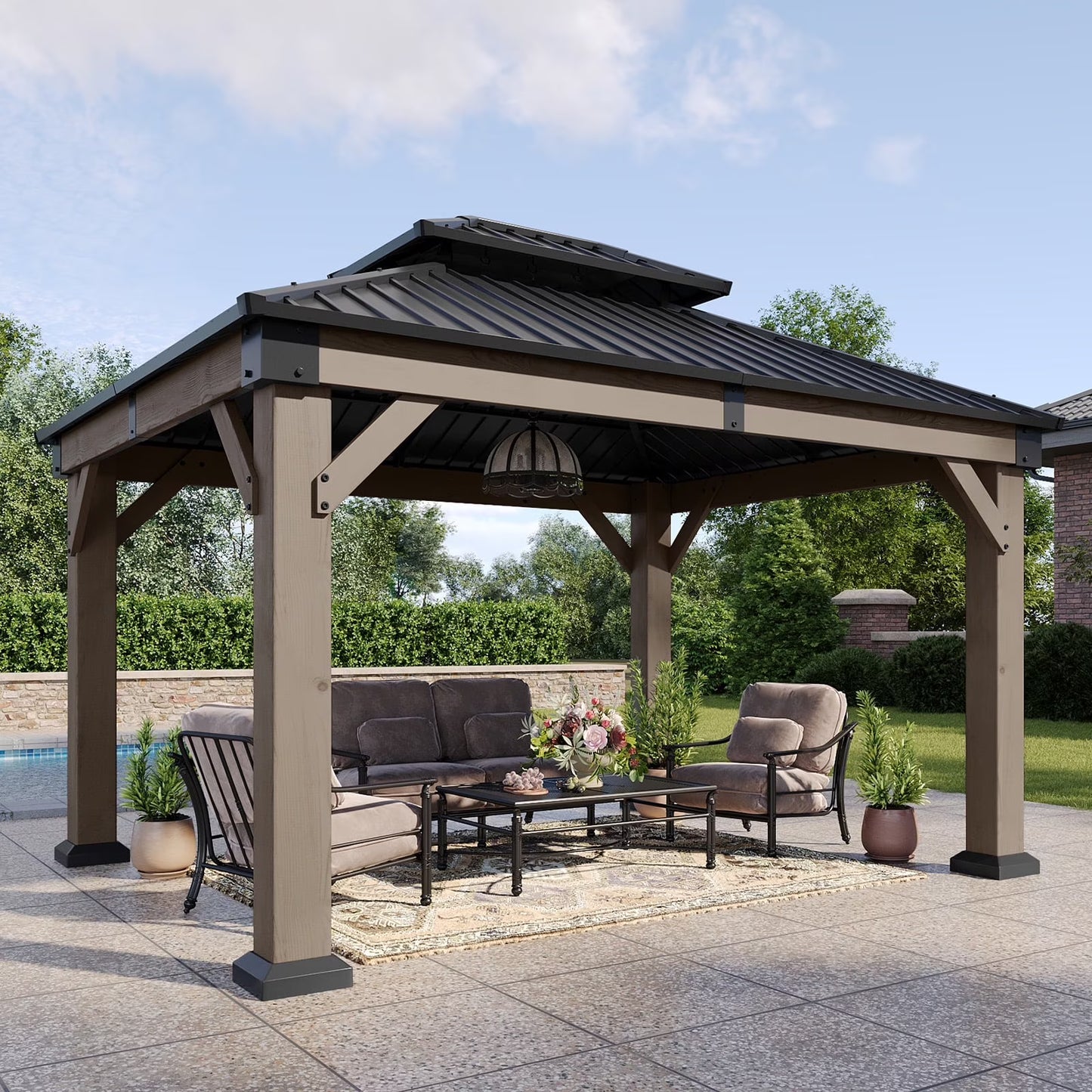 Aoxun 12' x 16' Outdoor Wood Gazebo, Hardtop Gazebo Permanent Wooden Pavilion with Galvanized Steel Double Roof, for Patio, Garden, Backyard, Cedar Wood