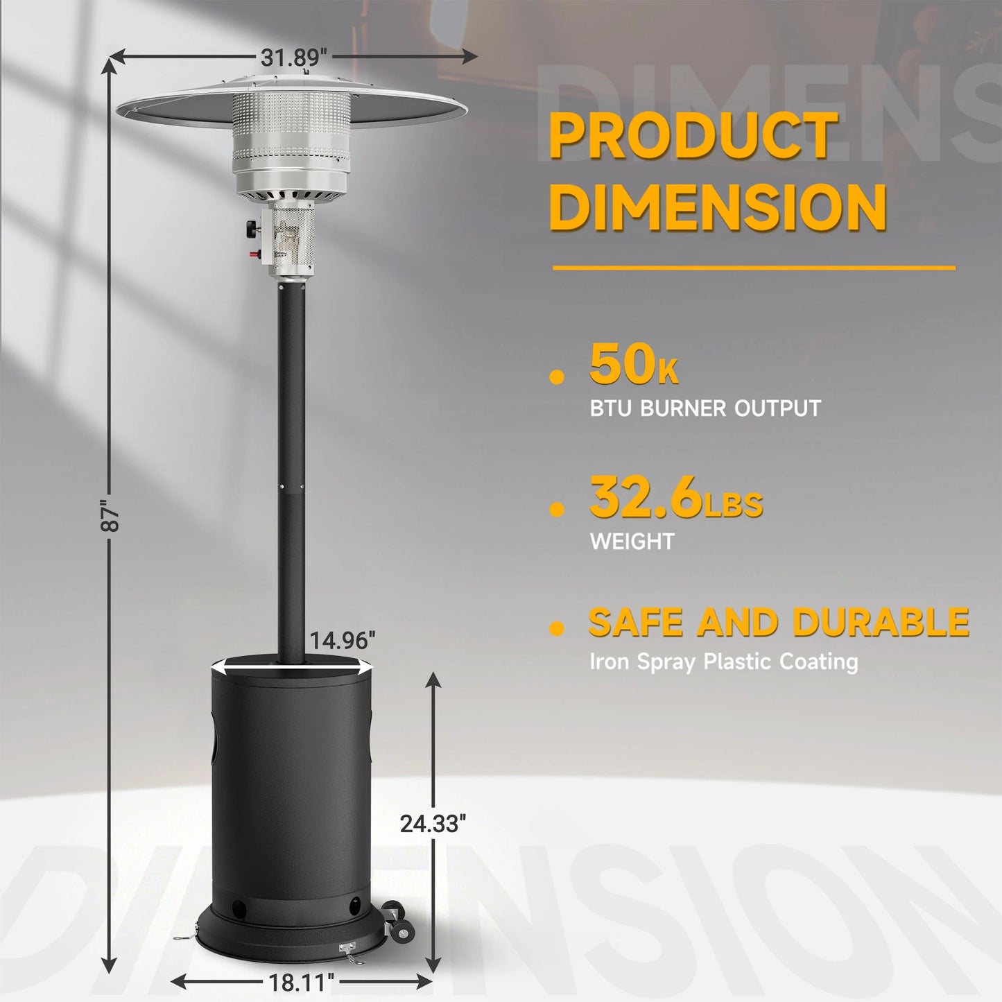 50000 BTU Propane Patio Heater with Overheating Protection System, Outdoor Heater with 20' Heating Radius and Wheels, Stainless Steel Flame Heater, Black