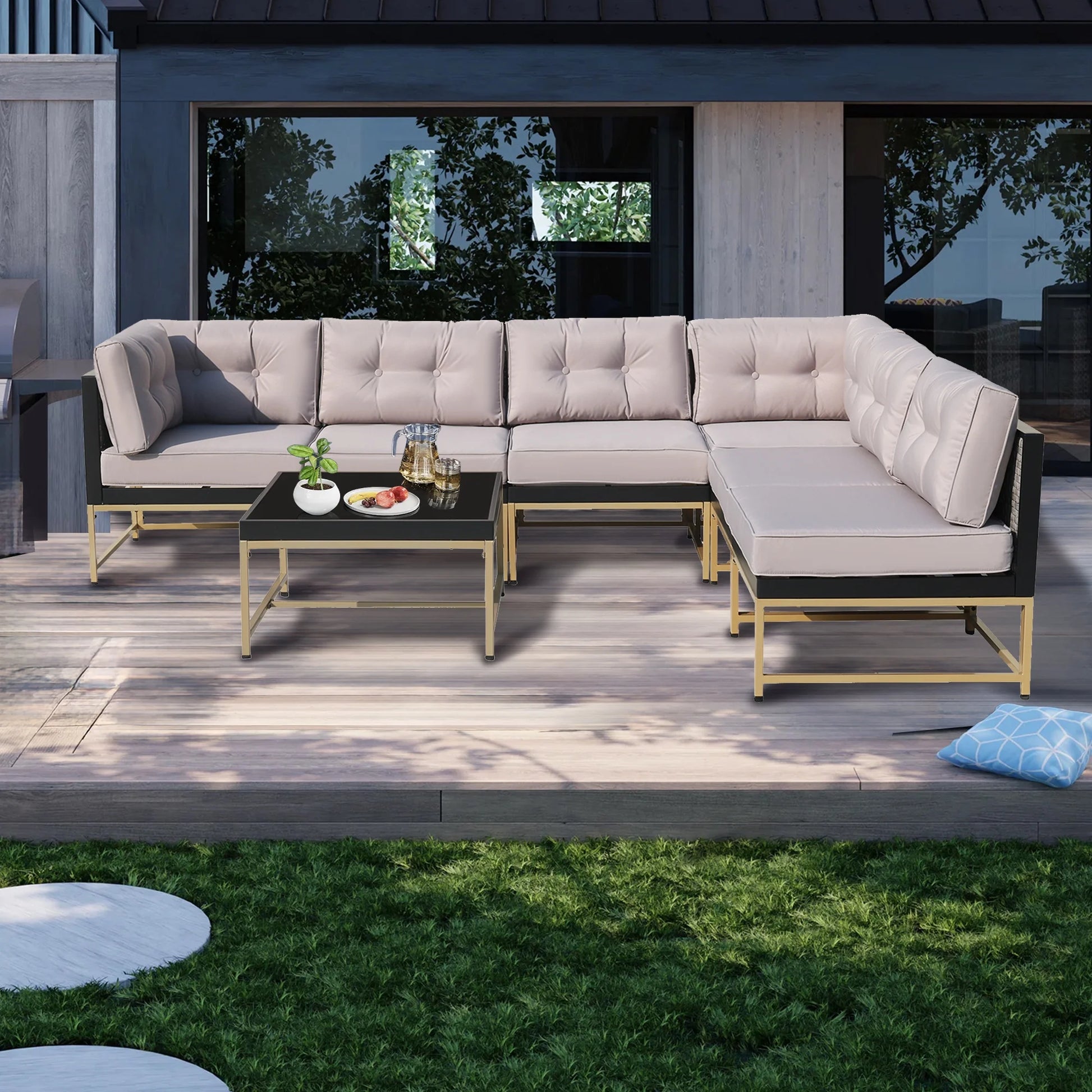 7 Pieces Patio Funiture Set, Outdoor Furniture Sectional Sofa Set,Manual Wicker Rattan Patio Conversation Set Heavy-duty Frame, with Cushions and Table, Gray