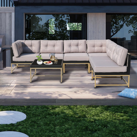 7 Pieces Patio Funiture Set, Outdoor Furniture Sectional Sofa Set,Manual Wicker Rattan Patio Conversation Set Heavy-duty Frame, with Cushions and Table, Gray