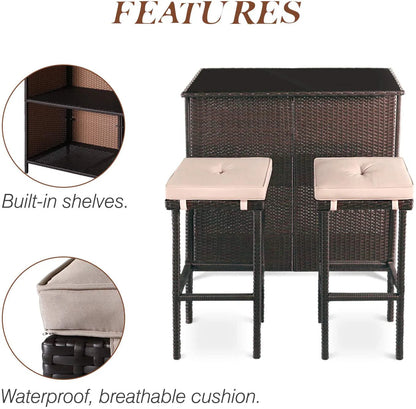 SOLAURA 3PCS Patio Outdoor Wicker Bar Set with Two Bar Stools and Glass-Top Table - Brown