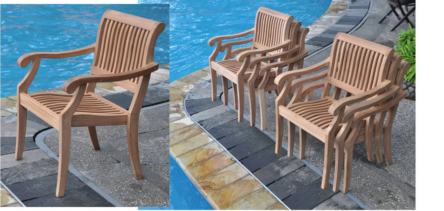 Teak Dining Set: 6 Seater 7 Pc: 94" Rectangle Table & 2 Stacking Arbor Arm & 4 Armless Chairs Outdoor Patio Grade-A Teak Wood WholesaleTeak #WMDSAB15