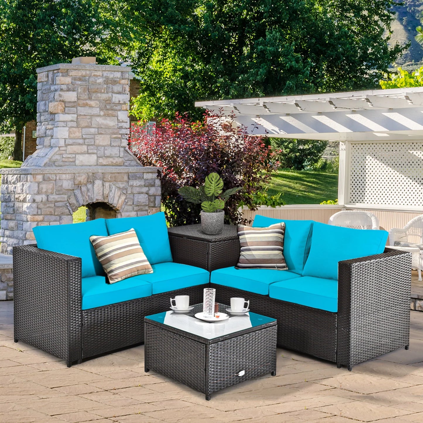 Gymax 8PCS Cushioned Rattan Patio Conversation Set w/Side Table Turquoise Cushion