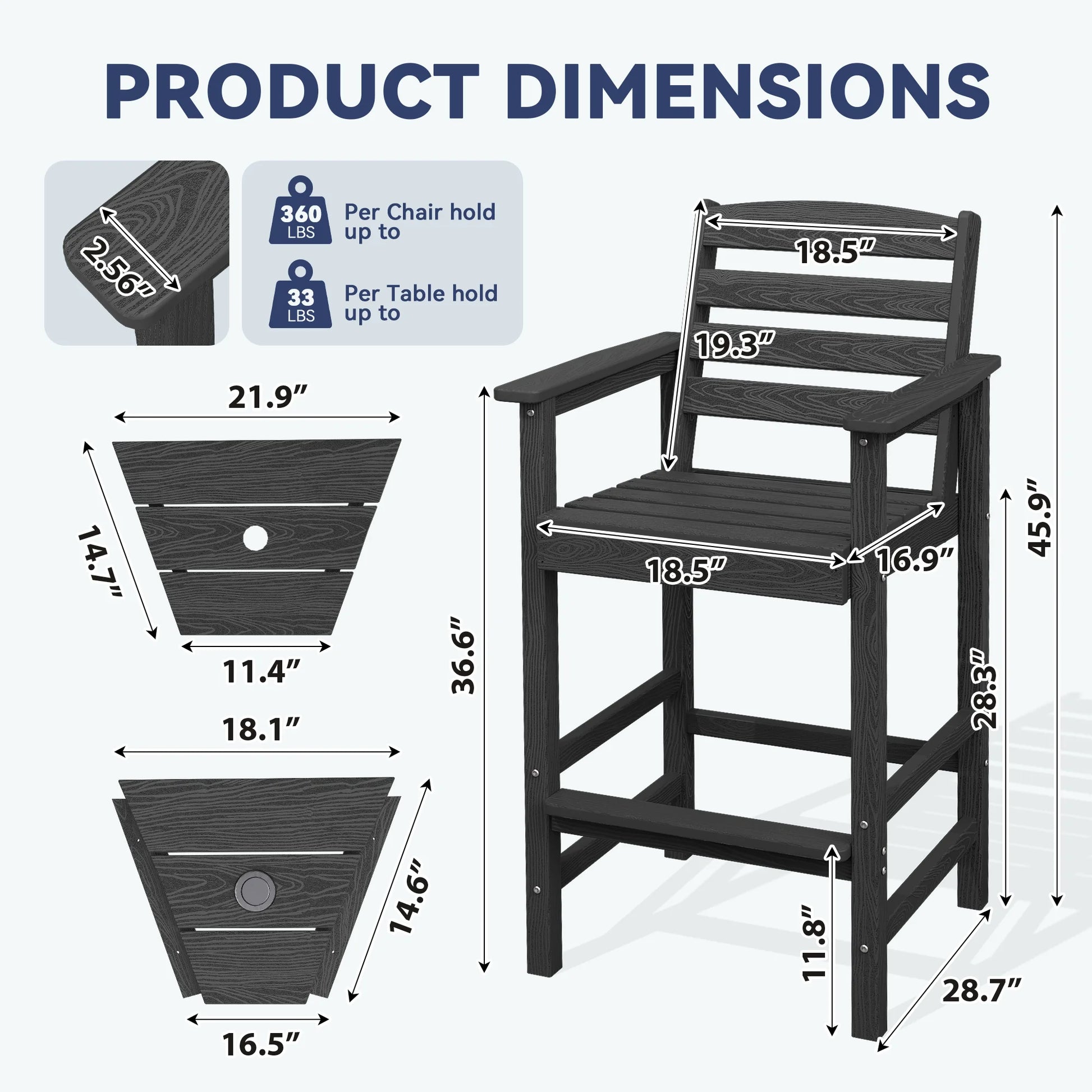 JUSTLET Tall Adirondack Chair Set of 2 with Double Connecting Tray, HDPE Outdoor Weather Resistant Patio Bar Stools for Patio, Balcony, Porch, Navy Blue