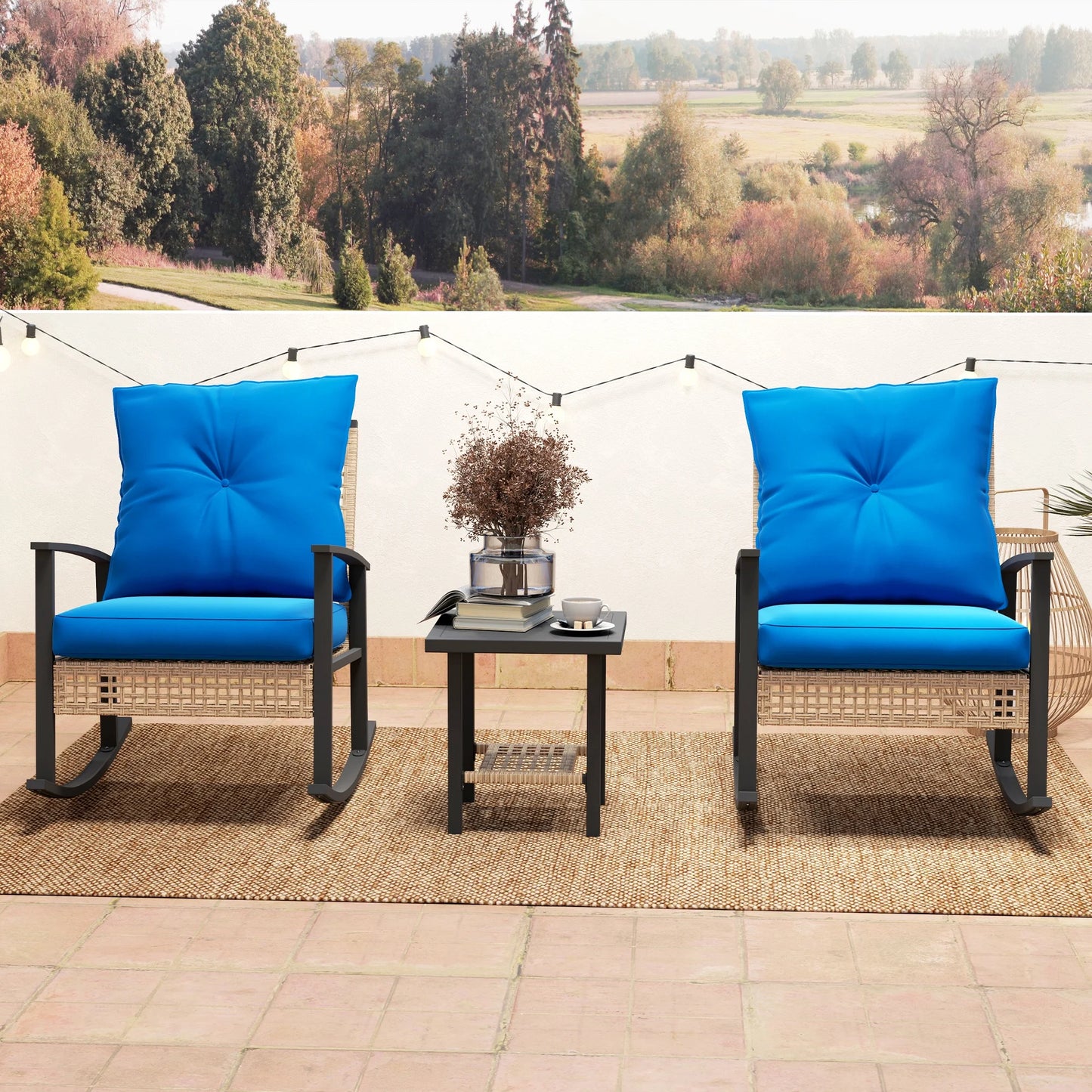 Outsunny 3 Pieces Patio Bistro Set, Wicker Furniture Set with Button Tufted Cushions, Rattan Rocking Chairs and Coffee Table, Dark Blue