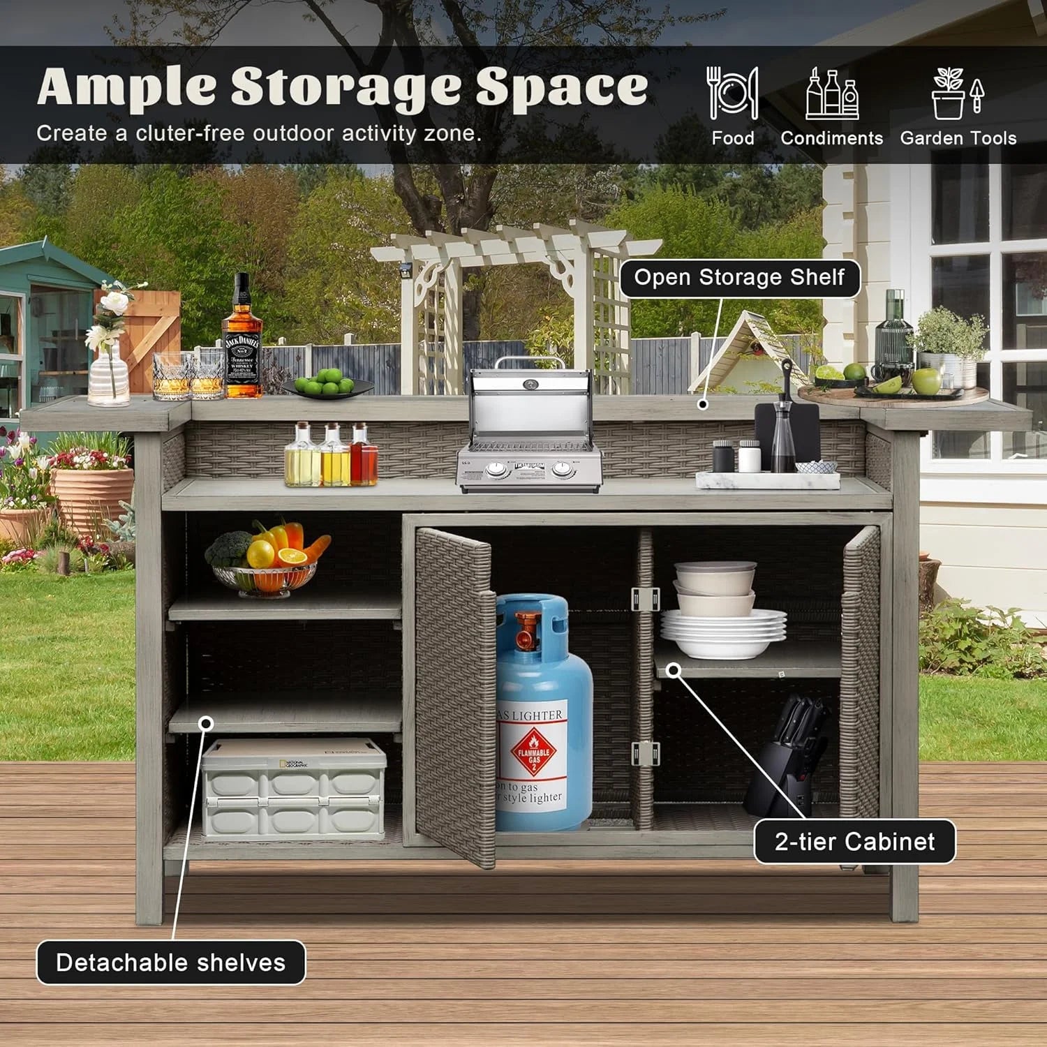 TOTAL Outdoor Home Bar Table with Aluminum Frame and Outdoor Wicker Design, for patio, kitchen, Gray