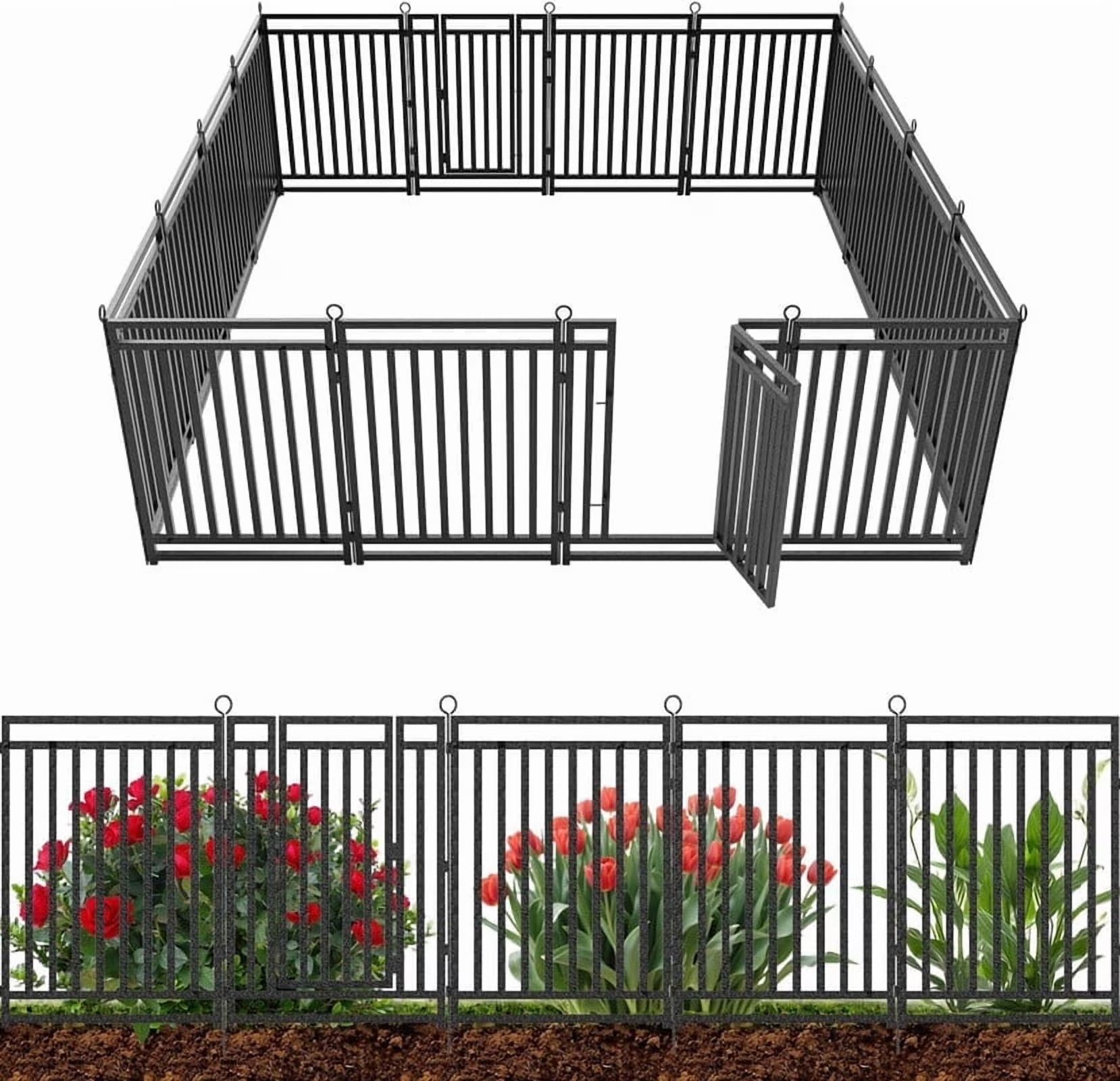 Petorldog Decorative Garden Fence Metal Dog Fence Outdoor for Yard, 36ft (L) x 40in (H), 14 Panels + 2 Gates, No Dig Fence for Patio | Black-Silver