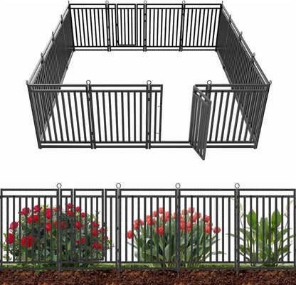 Petorldog Decorative Garden Fence Metal Dog Fence Outdoor for Yard, 36ft (L) x 40in (H), 14 Panels + 2 Gates, No Dig Fence for Patio | Black-Silver