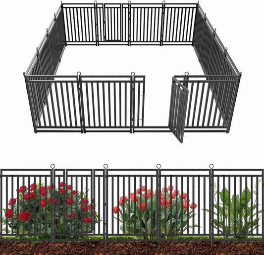 Petorldog Decorative Garden Fence Metal Dog Fence Outdoor for Yard, 36ft (L) x 40in (H), 14 Panels + 2 Gates, No Dig Fence for Patio | Black-Silver