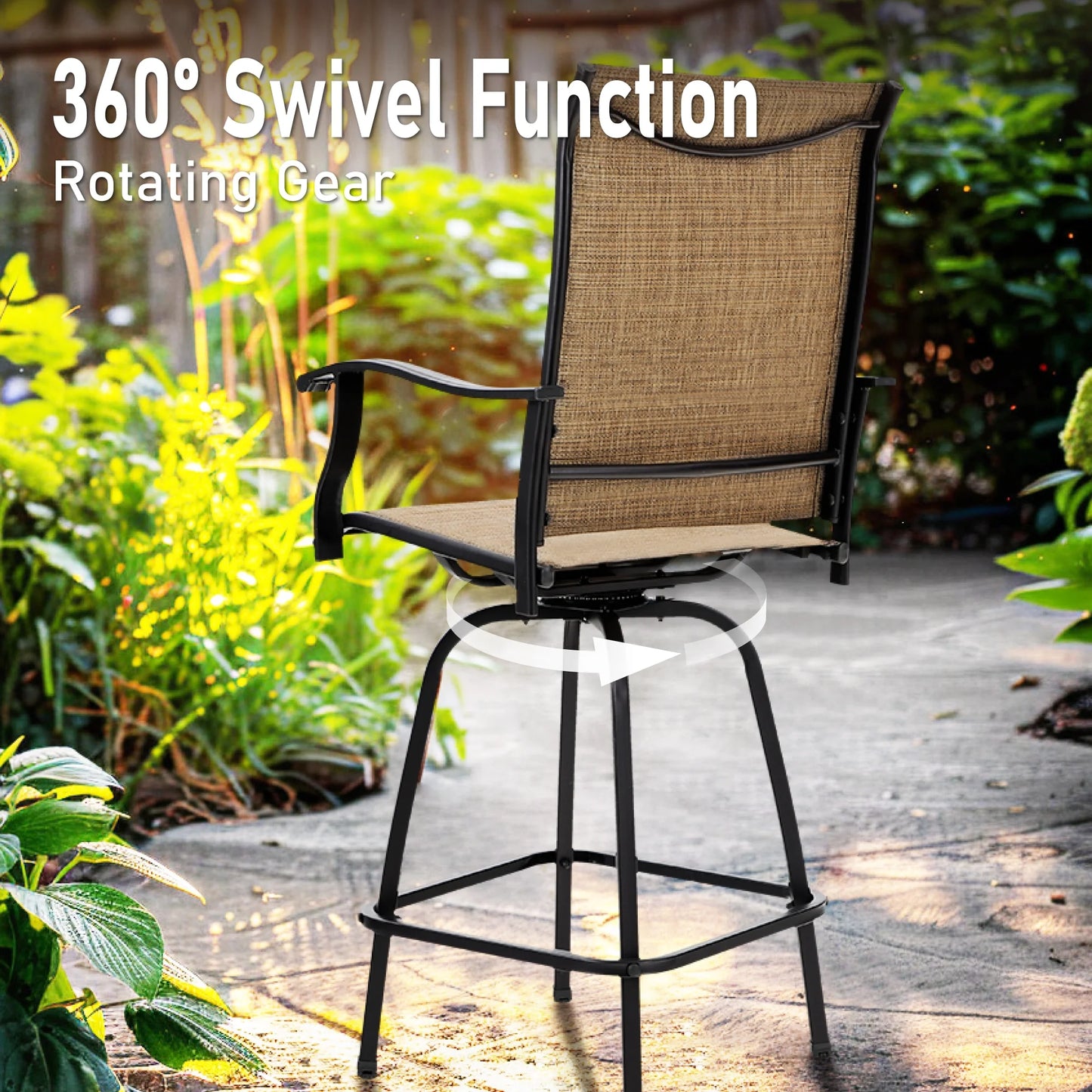 Summit Living 2-Piece High Top Outdoor Swivel Bar Stools, Patio Metal Frame Counter Height Chairs with Quick-Dry Textilene, Black & Brown