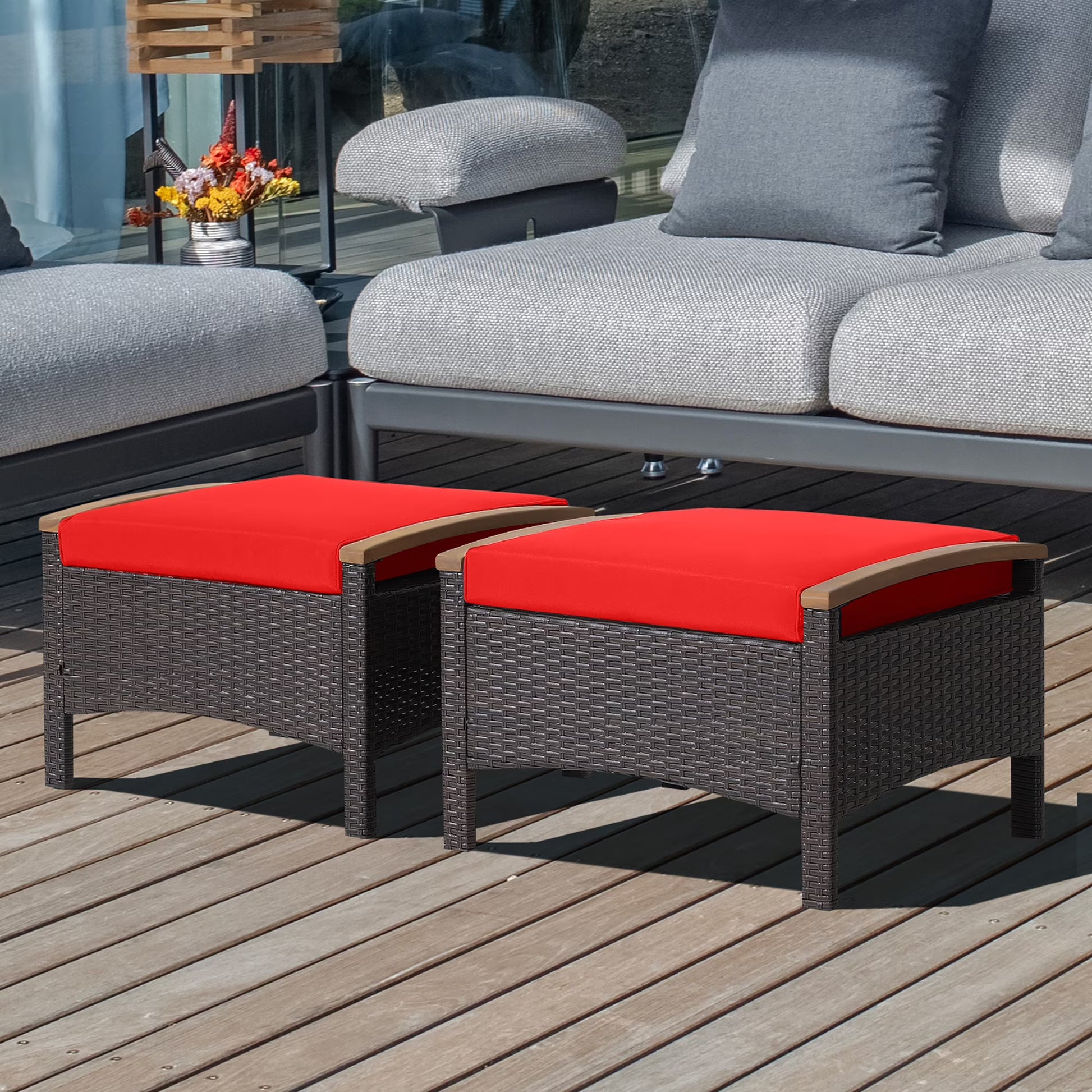 Costway Set of 2 Patio Rattan Ottoman Footrest Cushions Wooden Handle Beige