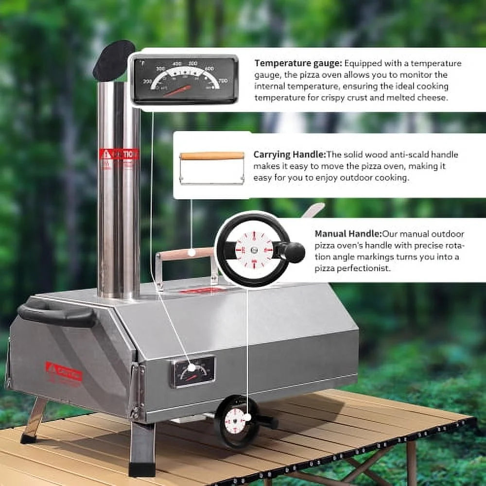 ACE-PATIO,12" Semi-Automatic Rotatable Outdoor Pizza Ovens,Stainless Steel Portable Wood Fired,Outdoor Cooking Pizza Maker with Timer,Built-in Thermometer,Pizza Cutter & Carry Bag(Silver)