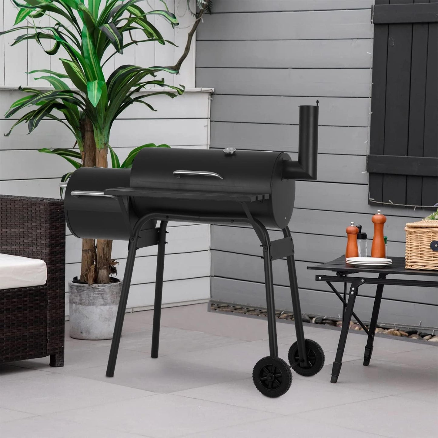 YRLLENSDAN 43 Inch Charcoal Grills with Smoker, BBQ Pit BBQ Grill Charcoal Outside Grill for 6-10 People, Offset Smoker, Braised Roast, Patio and Backyard Picnic Grill, Black