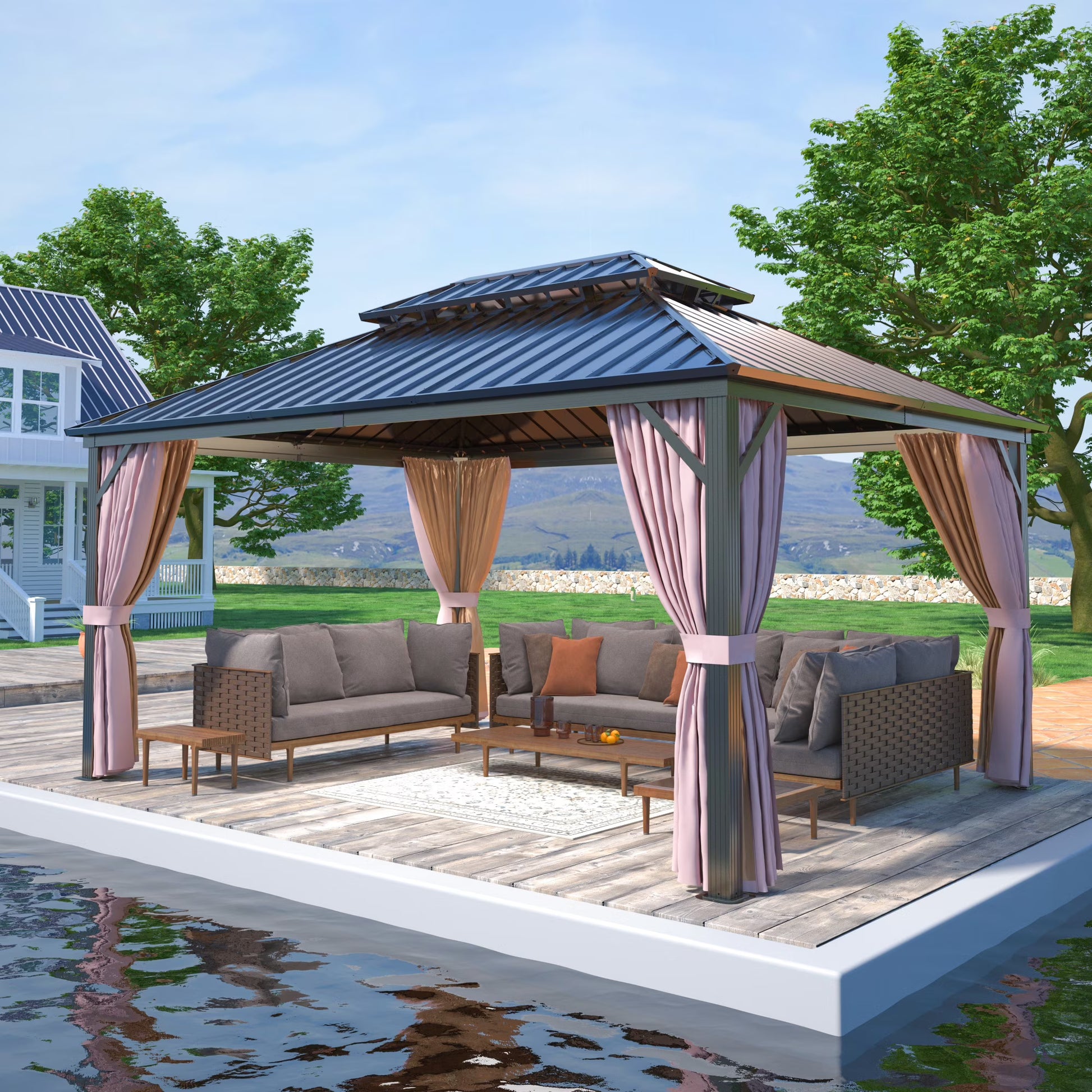 EAGLE PEAK 12x14 Outdoor Patio Hardtop Gazebo with Galvanized Steel Double Roof, Netting & Curtains