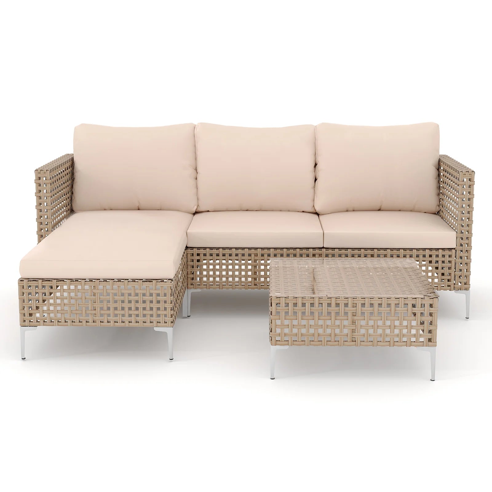 3 Piece Patio Furniture Set with Chaise Longue & Coffee Table, Outdoor Wicker Conversation Set for Patio, Porch, Backyard - All-Weather Yellow/Beige Cushions (Waterproof & Fade-Resistant)