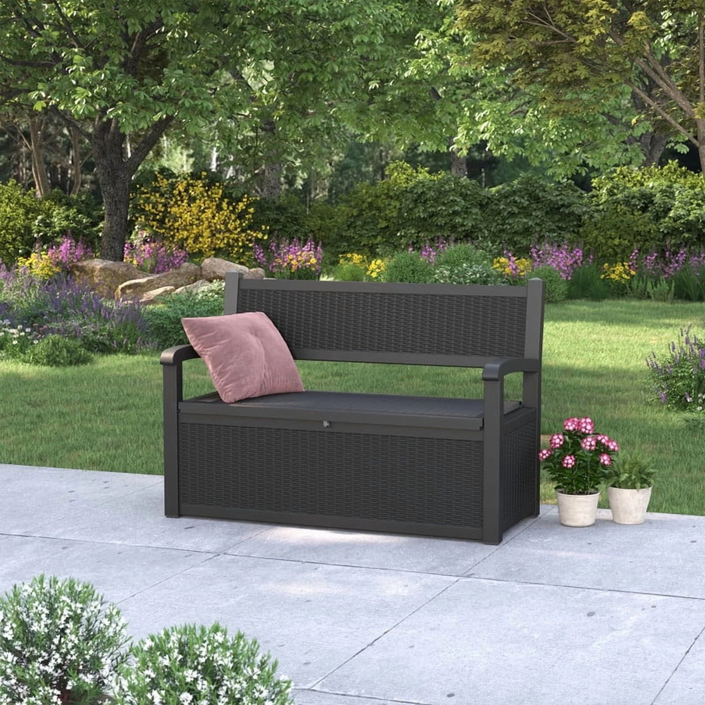 Bifanuo 70 Gallon Storage Bench Deck Box for Patio Furniture with Armrest Bench Outdoor Storage Water-Resistant Deck Box for Garden Tools,Pool Storage and Outdoor Cushions,Grey
