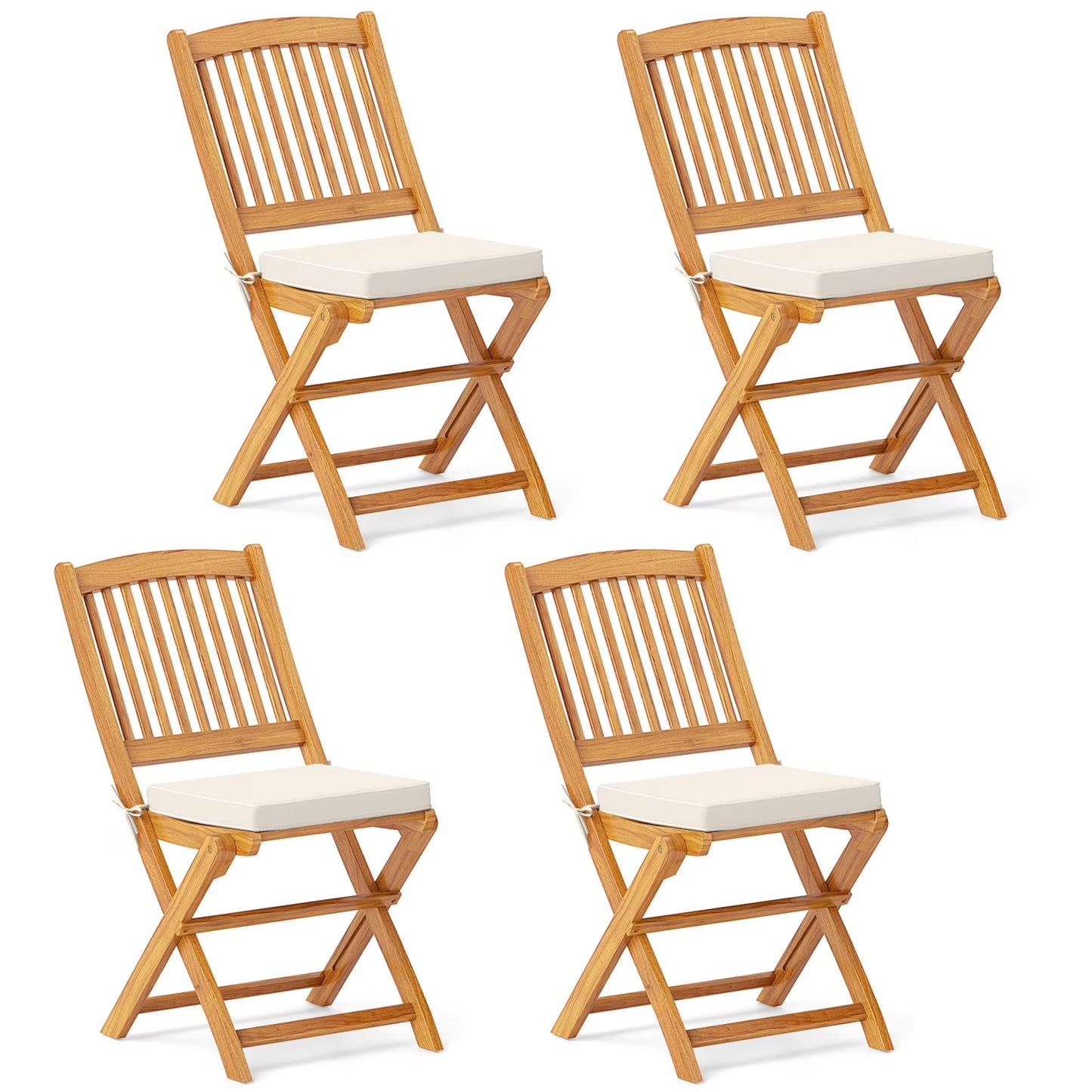 Topbuy Patio Folding Chair Set of 4 Portable Acacia Wood Dining Chairs with High Back & Seat Cushions Navy