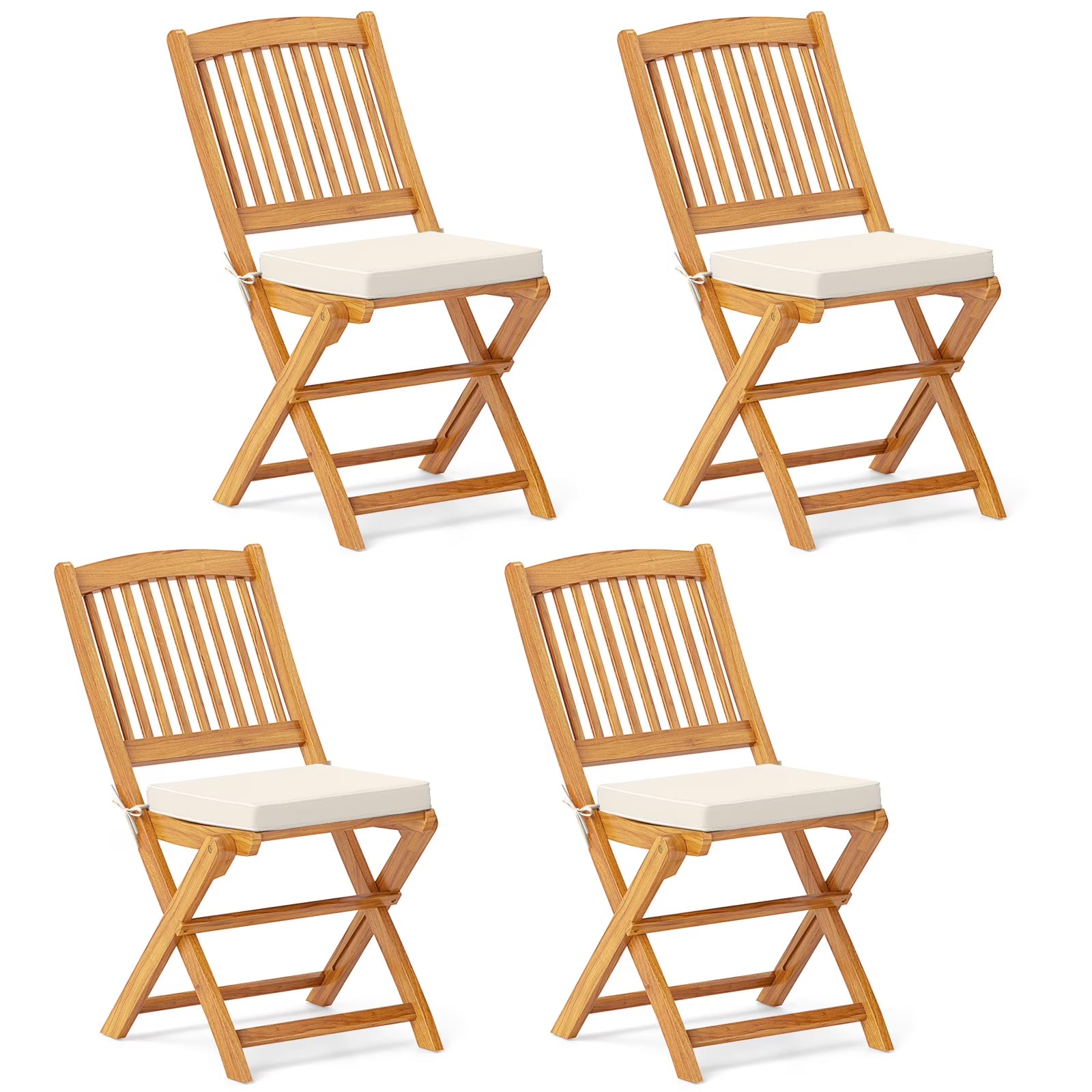 Topbuy Patio Folding Chair Set of 4 Portable Acacia Wood Dining Chairs with High Back & Seat Cushions Navy