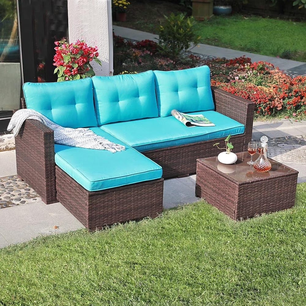 JOIVI 3 Pieces Patio Conversation Set, PE Wicker Rattan Outdoor Furniture Set, 2 Ways Small Sectional Sofa, Tempered Glass Coffee Table, Silver-Gray